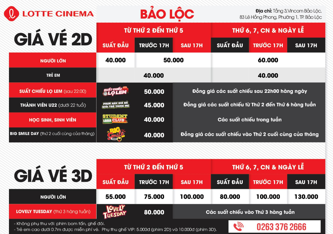 Giá vé Lotte Cinema Bảo Lộc 