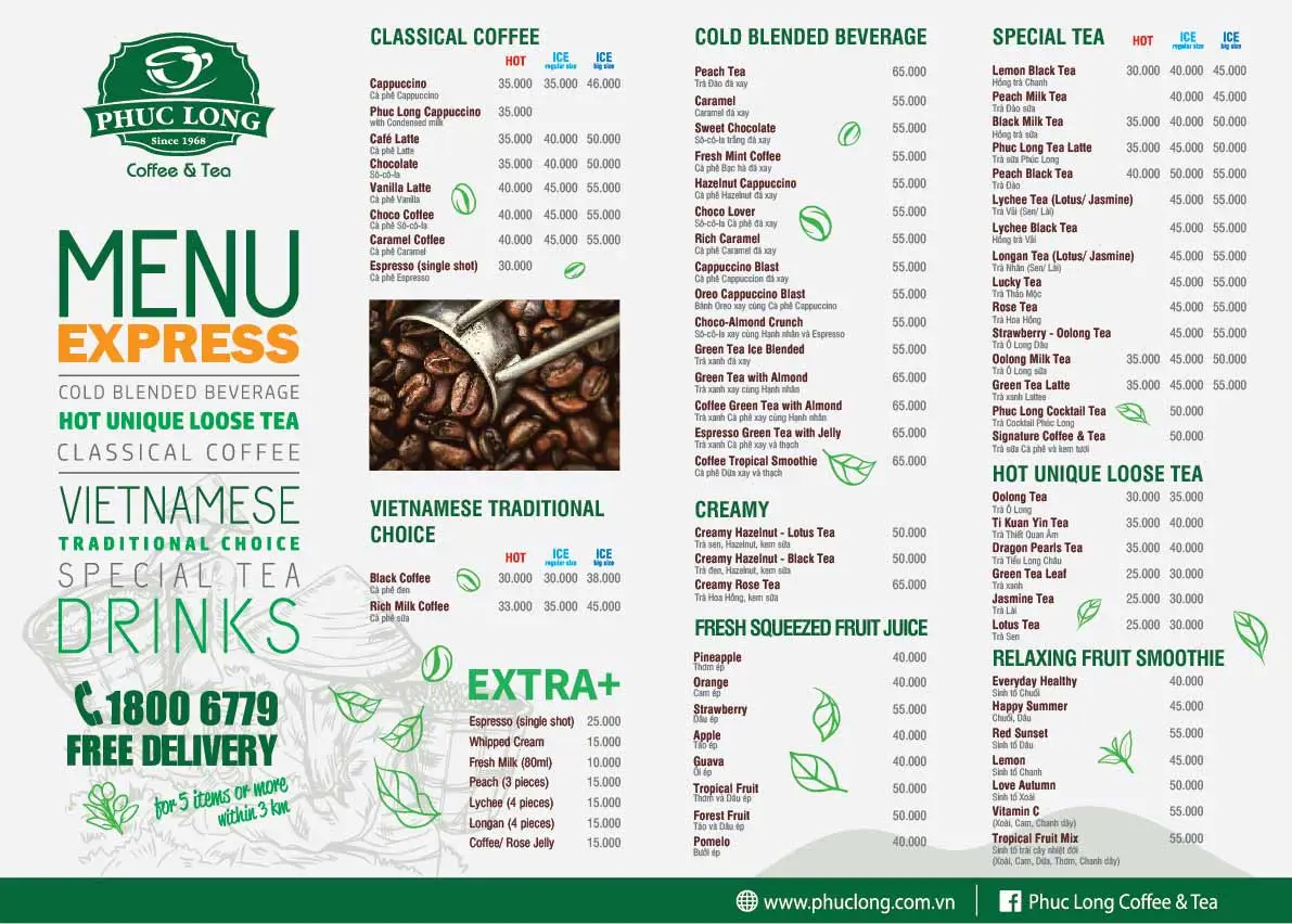 Menu cửa hàng Phúc Long Coffee & Tea ở Đà Lạt