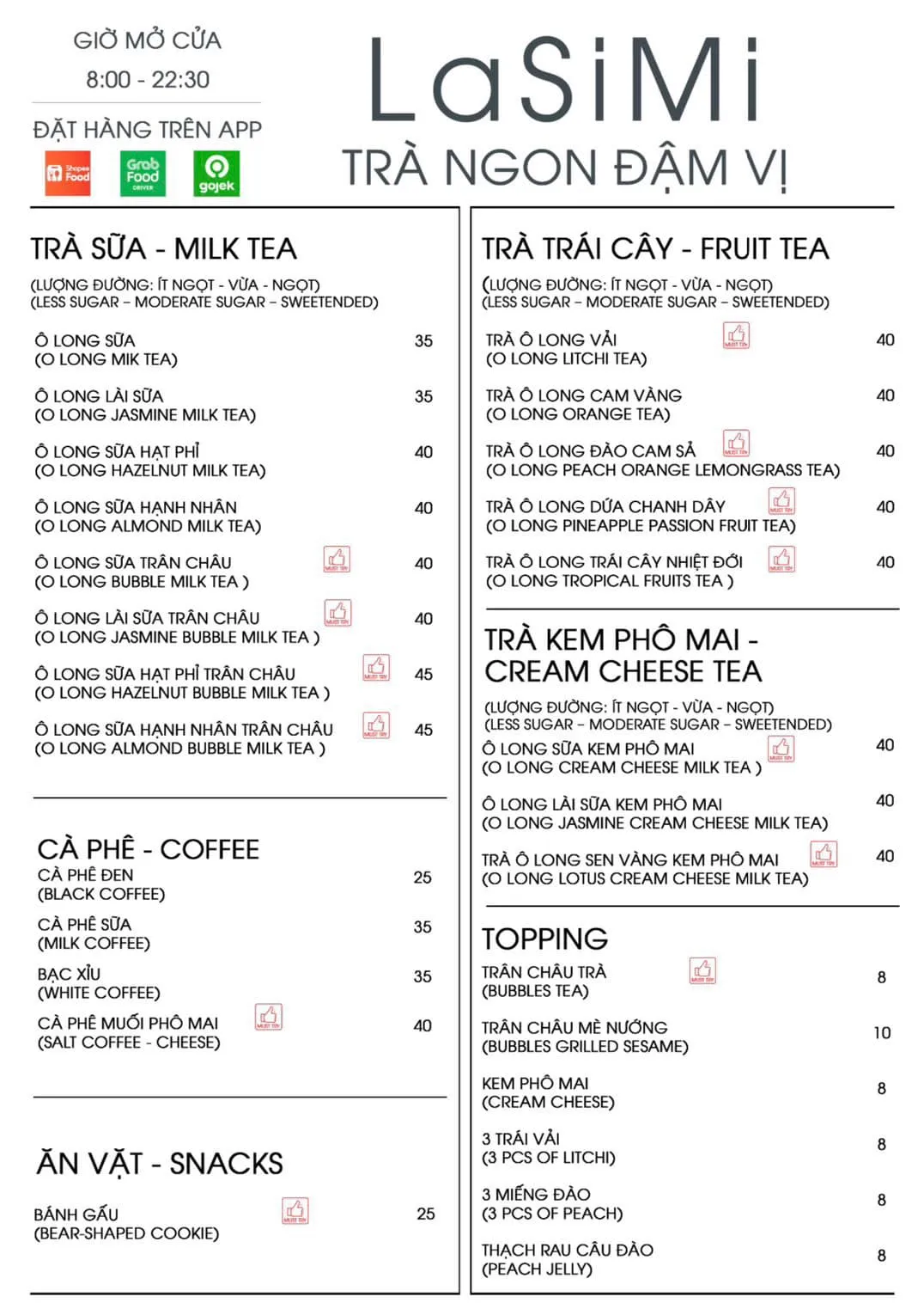 Menu trà sữa LaSiMi Đà Lạt